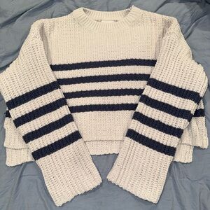 Women’s Medium Pink Rose Cream and Blue Striped Knit Sweater